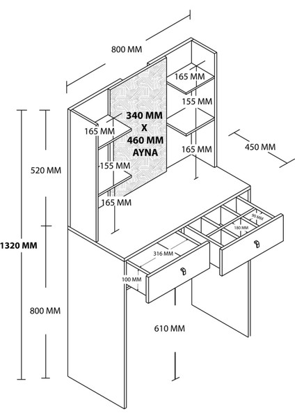 Shıny Aynalı 2 Çekmeceli 80 cm Makyaj Masası