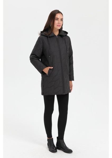 Kadın Polo Yaka Yanları Çıtçıtlı Yaprak Desenli Araboy Kapitone Kaban Siyah indirimleri