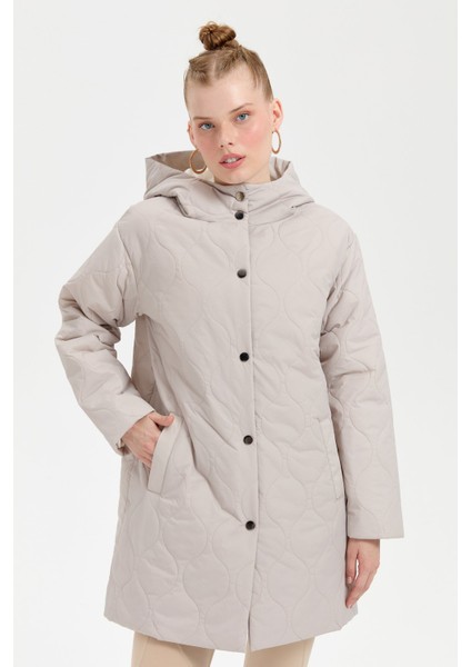 Kadın Kapüşonlu Soğan Desenli Araboy Kapitone Kaban Taş