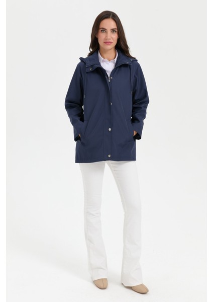 Kadın Kapüşonlu Yan Cepli Kısa Trençkot Lacivert modelleri