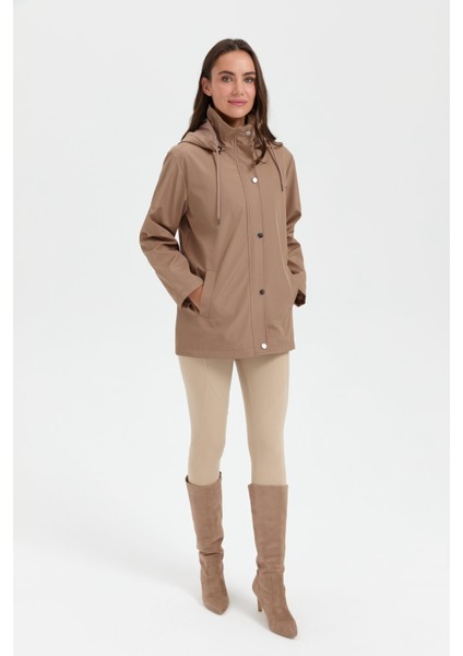 Kadın Kapüşonlu Yan Cepli Kısa Trençkot Vizon fiyatları