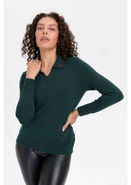 Kadın Polo Yaka Yakası Işlemeli Bluz Yeşil modelleri
