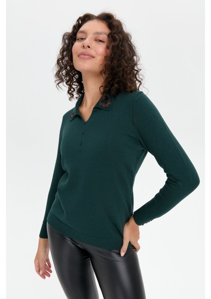 Kadın Polo Yaka Yakası Işlemeli Bluz Yeşil fırsatları