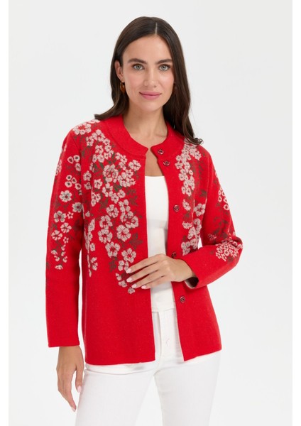 Kadın Dik Yaka Pıtırcık Çiçekli Yün Ceket Mercan