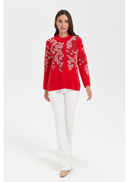 Kadın Dik Yaka Pıtırcık Çiçekli Yün Ceket Mercan modelleri