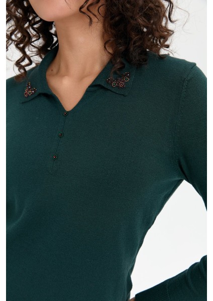 Kadın Polo Yaka Yakası Işlemeli Bluz Yeşil indirimleri