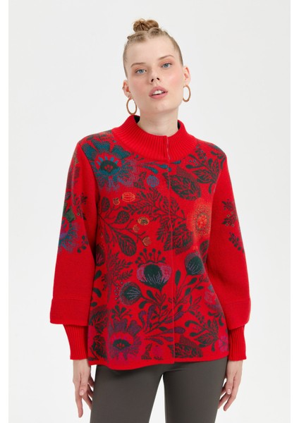 Kadın Dik Yaka Önü Renkli Çiçekli Kısa Yün Ceket Mercan