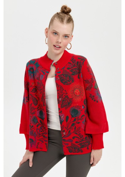 Kadın Dik Yaka Önü Renkli Çiçekli Kısa Yün Ceket Mercan fiyatları