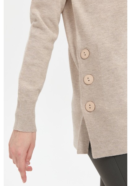 Kadın Sıfır Yaka Dikişsiz Yanları Düğmeli Simli Bluz Bej/melanj fiyatları