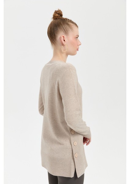 Kadın Sıfır Yaka Dikişsiz Yanları Düğmeli Simli Bluz Bej/melanj modelleri