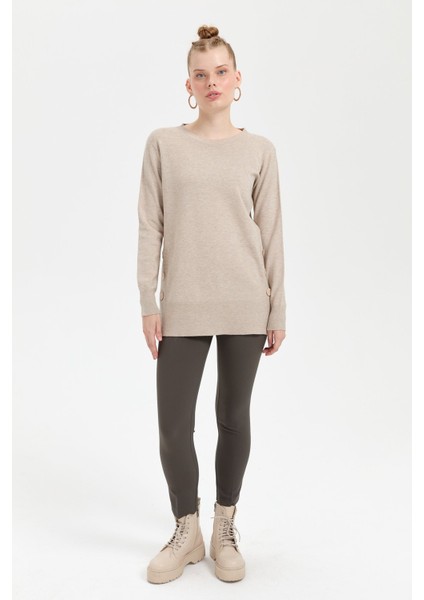 Kadın Sıfır Yaka Dikişsiz Yanları Düğmeli Simli Bluz Bej/melanj fırsatları