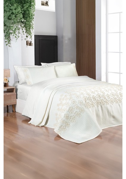 Shida Ekru Havlu Seti Çift Kişilik Pamuk Wedding Pike Seti