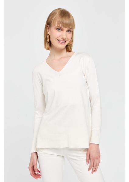 Kadın V Yaka Önü Arkası Yırtmaçlı Kazak Ekru