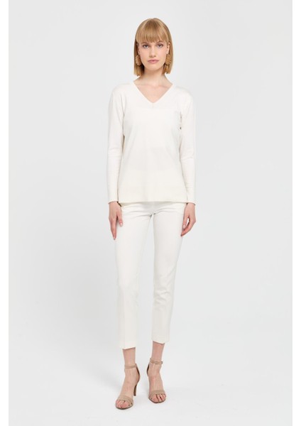 Kadın V Yaka Önü Arkası Yırtmaçlı Kazak Ekru fiyatları