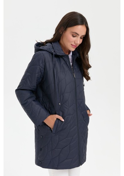 Kadın Polo Yaka Yanları Çıtçıtlı Yaprak Desenli Araboy Kapitone Kaban Lacivert fiyatları