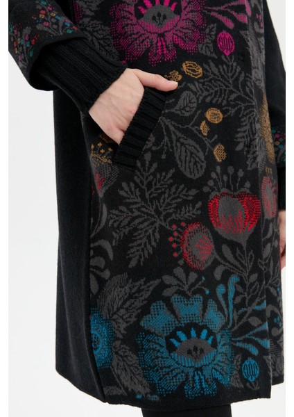 Kadın Dik Yaka Önü Renkli Çiçekli Uzun Yün Kaban Siyah fırsatları