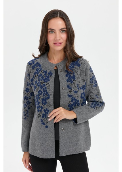 Kadın Dik Yaka Pıtırcık Çiçekli Yün Ceket Füme