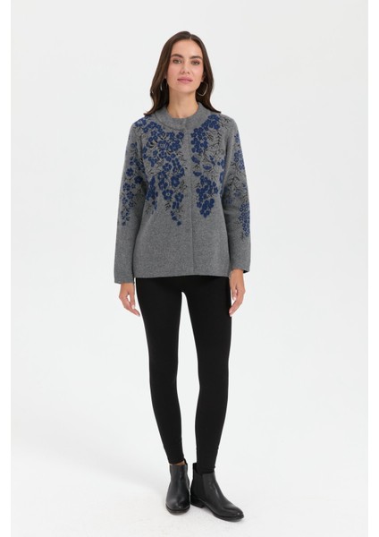 Kadın Dik Yaka Pıtırcık Çiçekli Yün Ceket Füme fiyatları