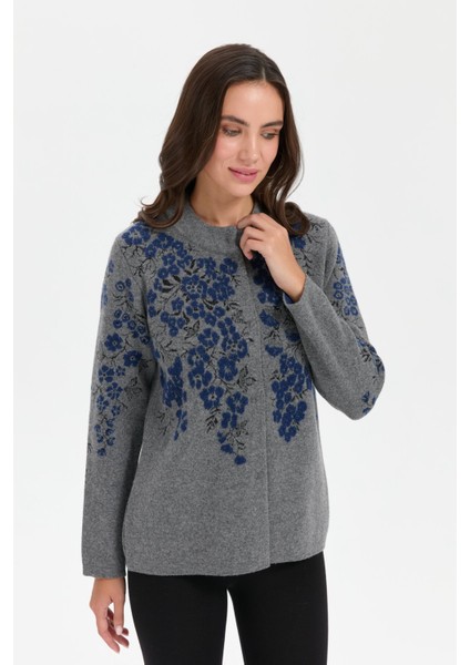 Kadın Dik Yaka Pıtırcık Çiçekli Yün Ceket Füme indirimleri