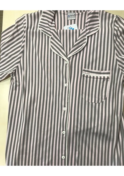 NENA-24653-Kadın Kısa Kollu Gömlek Yaka Önden Açık Çizgili Pijama Takımı-Pembe fiyatları