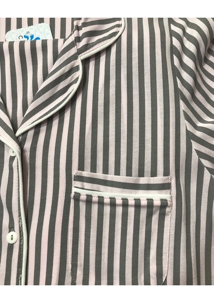 NENA-24653-Kadın Kısa Kollu Gömlek Yaka Önden Açık Çizgili Pijama Takımı-Pembe modelleri