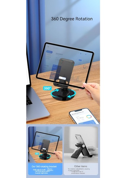 Masaüstü Tablet ve Telefon Tutucu Stand 3 Kademeli 360 Derece Döndürülebilir Uzunluk Ayarlı-Siyah