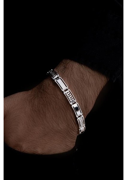 Beyaz Grek Desenli Gümüş Erkek Bileklik Künye