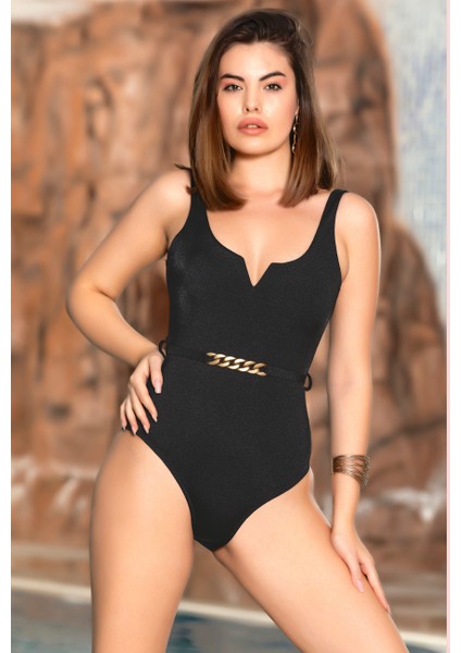 Siyah Mayo Gold Zincir Detaylı Hızlı Kuruyan Mayo Plaj Giyim