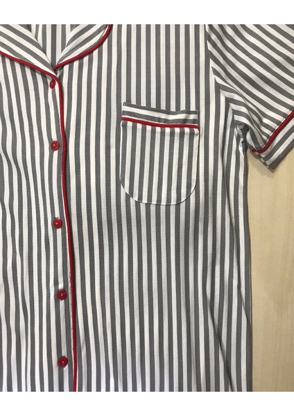 NENA-24653-Kadın Kısa Kollu Gömlek Yaka Önden Açık Çizgili Pijama Takımı-Gri fiyatları