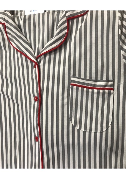 NENA-24653-Kadın Kısa Kollu Gömlek Yaka Önden Açık Çizgili Pijama Takımı-Gri modelleri