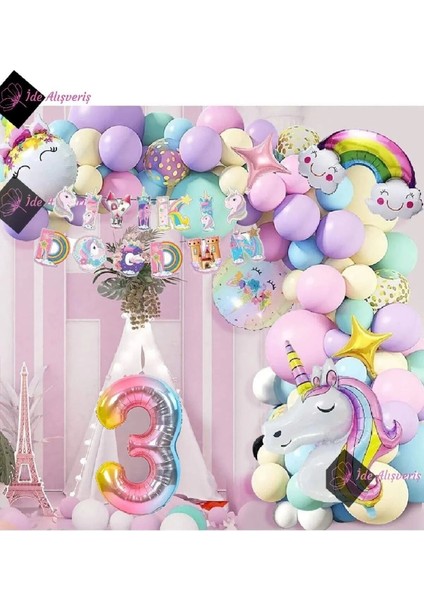 3 Gold Harfli Yaş Karakterli Unicorn Temalı Iyi Ki Doğdun Makaron Balon Doğum Günü Parti Kutlama Set