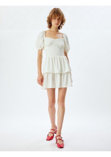 Balon Kol Elbise Mini Katlı Dokulu Volanlı modelleri