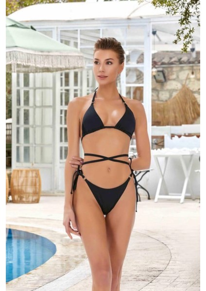 Hızlı Kuruyan Bikini Takımı Siyah Halka Detaylı Bikini