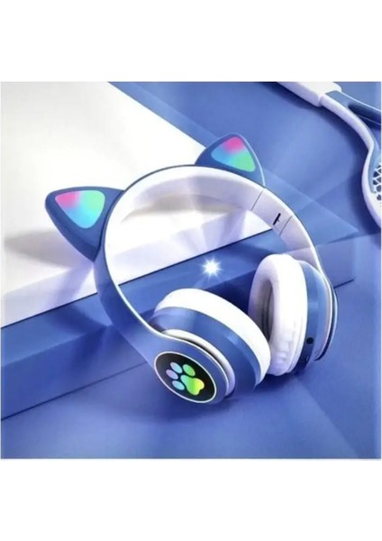 Mavi Sevimli Kedi LED Işıklı Katlanabilir Kablosuz Kulaküstü Bluetooth Kulaklık Uyumlu