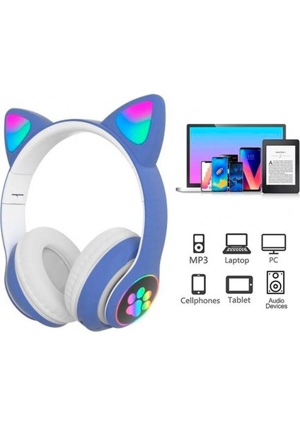 Mavi Sevimli Kedi LED Işıklı Katlanabilir Kablosuz Kulaküstü Bluetooth Kulaklık Uyumlu