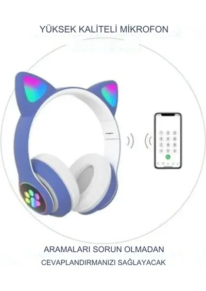 Mavi Sevimli Kedi LED Işıklı Katlanabilir Kablosuz Kulaküstü Bluetooth Kulaklık Uyumlu