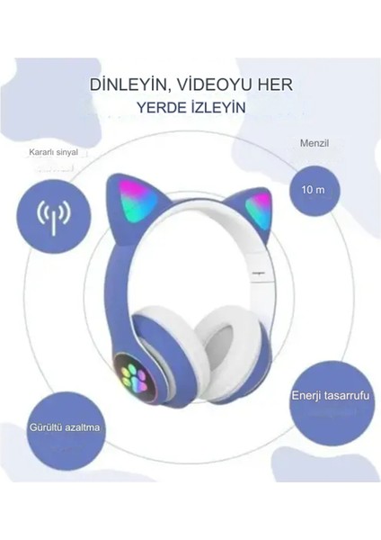 Mavi Sevimli Kedi LED Işıklı Katlanabilir Kablosuz Kulaküstü Bluetooth Kulaklık Uyumlu