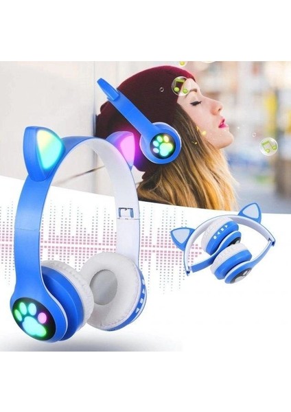 Mavi Sevimli Kedi LED Işıklı Katlanabilir Kablosuz Kulaküstü Bluetooth Kulaklık Uyumlu
