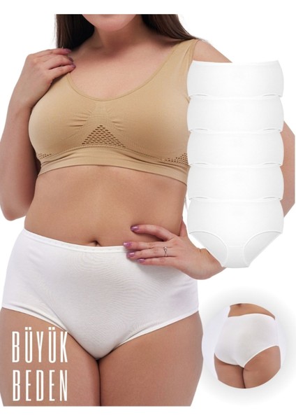 Kadın Büyük Beden Yüksek Bel Külot Full Brief, 5'li Paket Beyaz