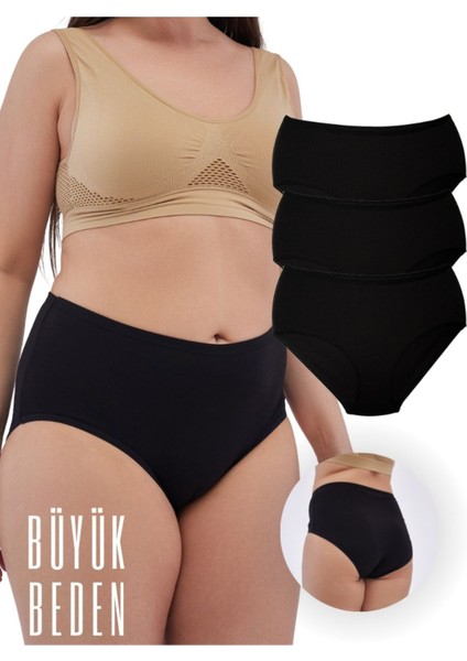 Kadın Büyük Beden Yüksek Bel Külot Full Brief, 3'lü Paket Siyah