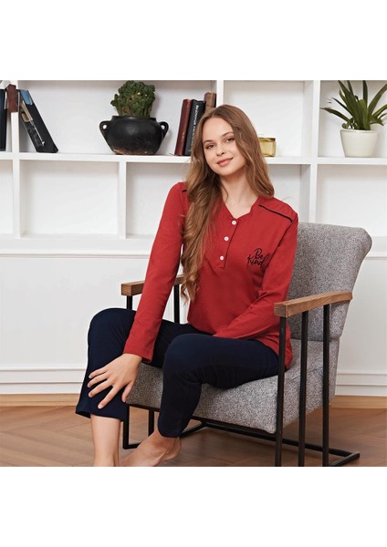 1256 Kadın Kışlık Üç Düğme Büyük Beden Pijama Takımı