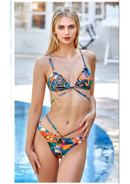Desenli Ip Detaylı Bikini Takımı Kadın Plaj Giyim Hızlı Kuruyan Bikini Takım