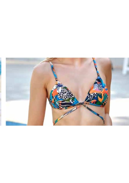 Desenli Ip Detaylı Bikini Takımı Kadın Plaj Giyim Hızlı Kuruyan Bikini Takım