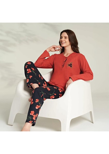 1242 Kadın Kışlık Üç Düğme Büyük Beden Pijama Takımı