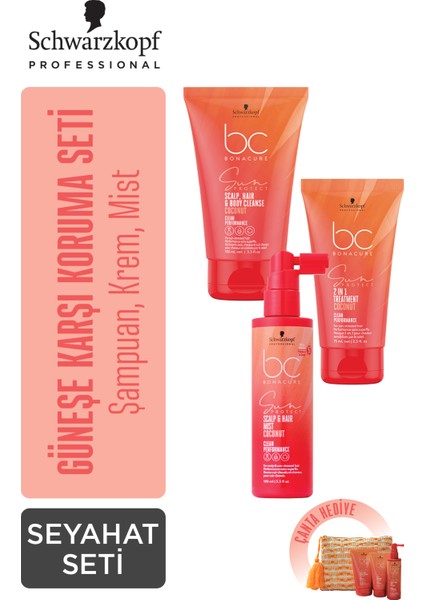 BC Sun Protect Güneş Koruma 3'lü Saç Bakım Seti - Çanta Hediyeli - Güneşin Zararlı Etkisinden Kurtul - Şampuan, Saç Kremi & Bakım Kürü - Coconut