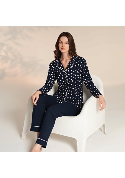1204 Kadın Kışlık Boydan Düğmeli Büyük Beden Pijama Takımı