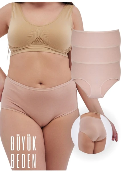 Alya Underwear Kadın Büyük Beden Yüksek Bel Külot Full Brief, 3'lü Paket Ten