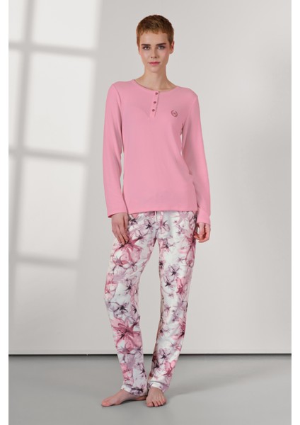 Kadın Pembe Çiçek Desenli T-Shirt Pijama Takımı 25K4032