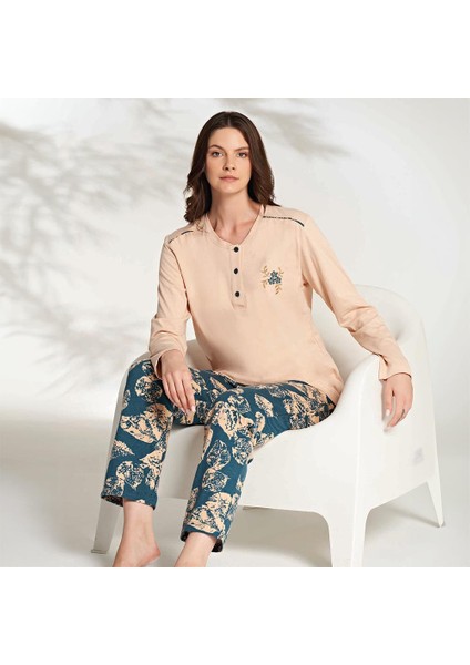1238 Kadın Kışlık Üç Düğme Büyük Beden Pijama Takımı