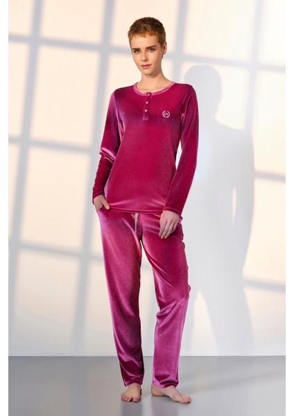 Kadın Fuşya Kadife T-Shirt Pijama Takımı 25K4033